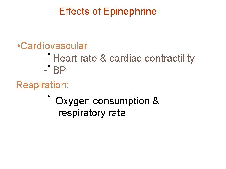 Effects of Epinephrine • Cardiovascular - Heart rate & cardiac contractility - BP Respiration: