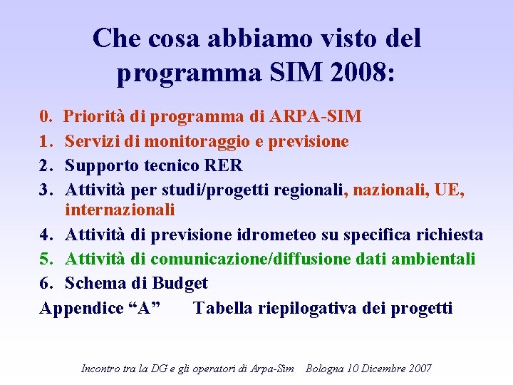 Che cosa abbiamo visto del programma SIM 2008: 0. 1. 2. 3. Priorità di