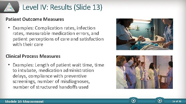 Level IV: Results (Slide 13) Patient Outcome Measures • Examples: Complication rates, infection rates,