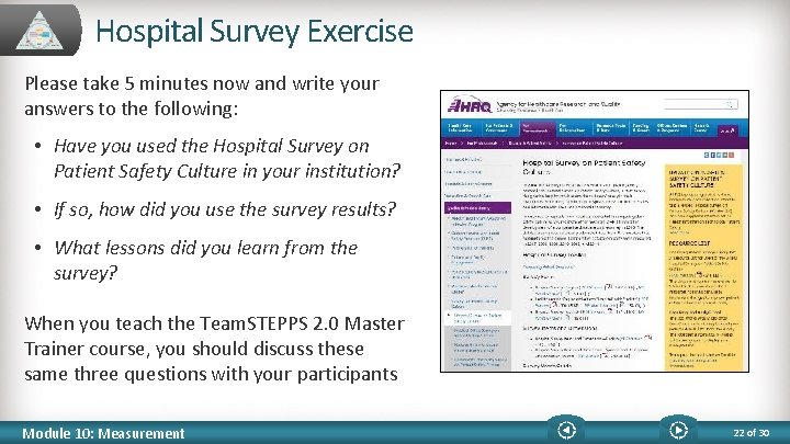 Hospital Survey Exercise Please take 5 minutes now and write your answers to the