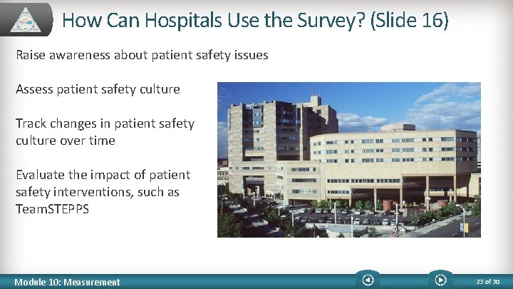 How Can Hospitals Use the Survey? (Slide 16) Raise awareness about patient safety issues