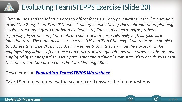 Evaluating Team. STEPPS Exercise (Slide 20) Three nurses and the infection control officer from