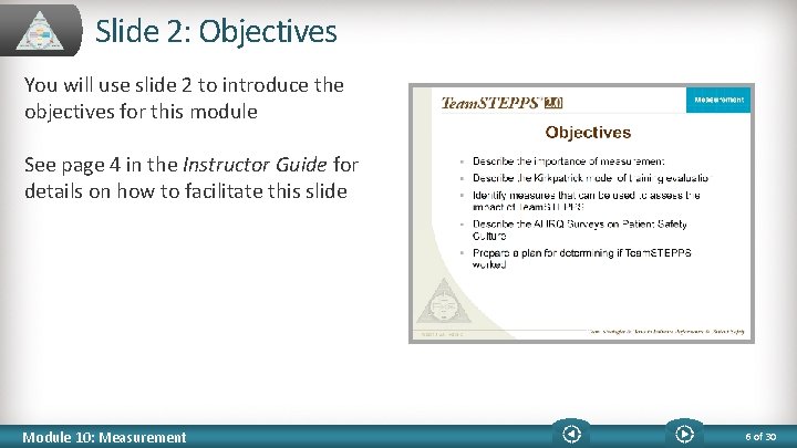 Slide 2: Objectives You will use slide 2 to introduce the objectives for this