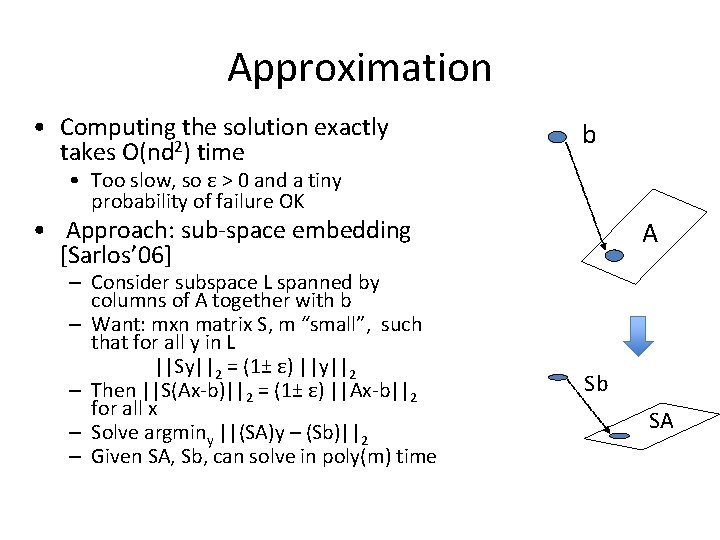 Approximation • Computing the solution exactly takes O(nd 2) time b • Too slow,