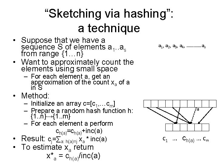 “Sketching via hashing”: a technique • Suppose that we have a sequence S of