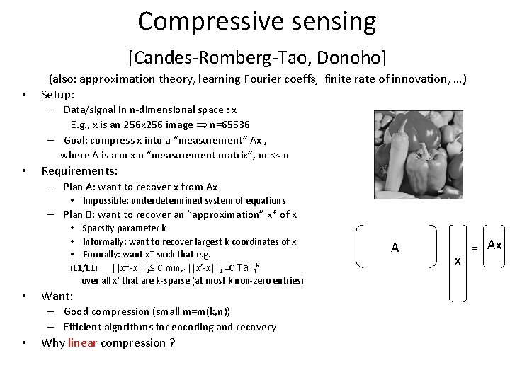 Compressive sensing [Candes-Romberg-Tao, Donoho] • (also: approximation theory, learning Fourier coeffs, finite rate of