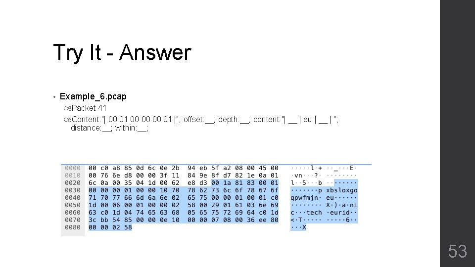 Try It - Answer • Example_6. pcap Packet 41 Content: ”| 00 01 00