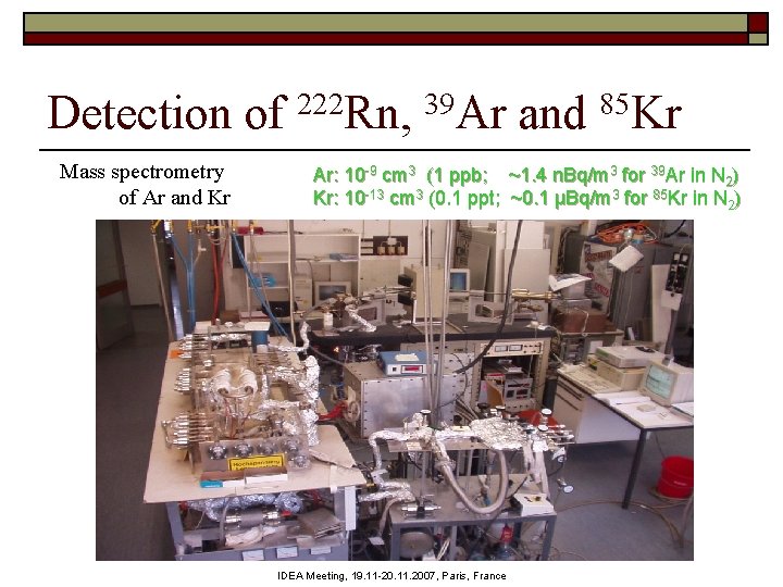 Detection of 222 Rn, 39 Ar and 85 Kr Mass spectrometry of Ar and