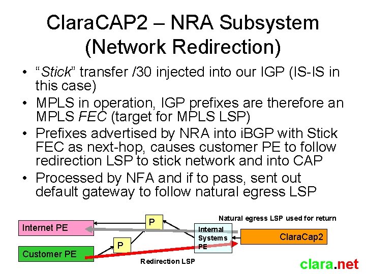 Clara. CAP 2 – NRA Subsystem (Network Redirection) • “Stick” transfer /30 injected into