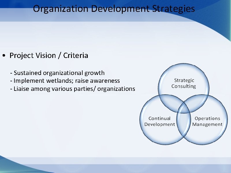 Organization Development Strategies • Project Vision / Criteria - Sustained organizational growth - Implement