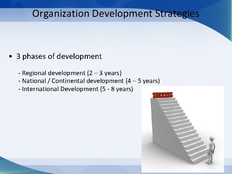 Organization Development Strategies • 3 phases of development - Regional development (2 – 3