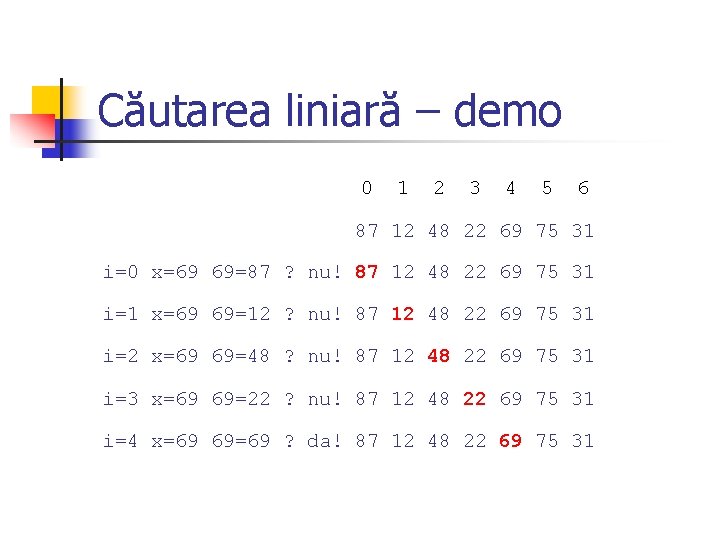 Căutarea liniară – demo 0 1 2 3 4 5 6 87 12 48