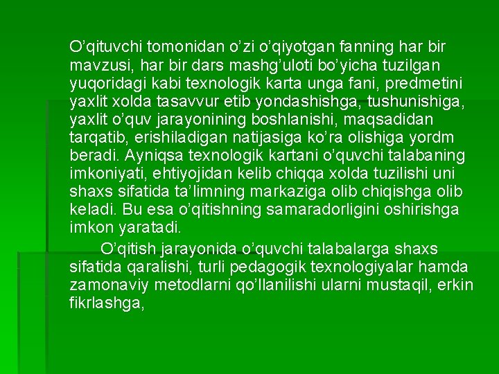 O’qituvchi tomonidan o’zi o’qiyotgan fanning har bir mavzusi, har bir dars mashg’uloti bo’yicha tuzilgan