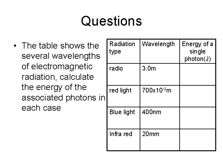 Questions • The table shows the several wavelengths of electromagnetic radiation, calculate the energy