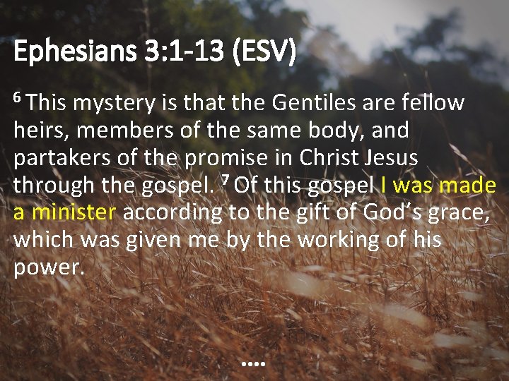 Ephesians 3: 1 -13 (ESV) 6 This mystery is that the Gentiles are fellow