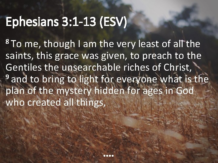 Ephesians 3: 1 -13 (ESV) 8 To me, though I am the very least