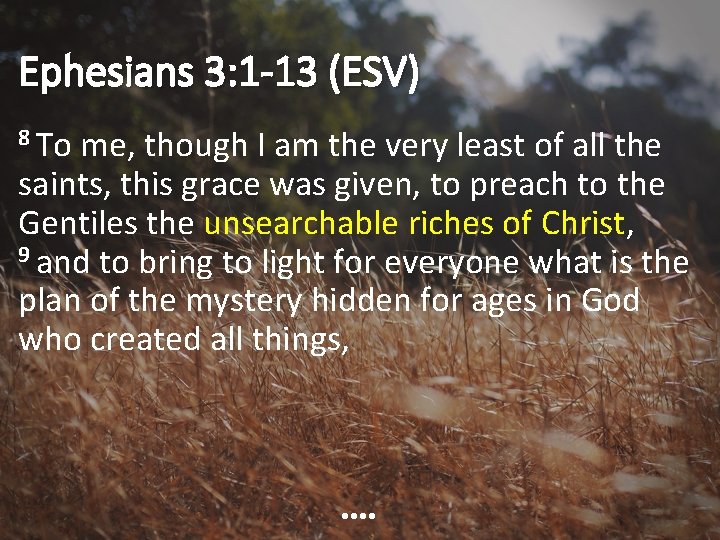 Ephesians 3: 1 -13 (ESV) 8 To me, though I am the very least