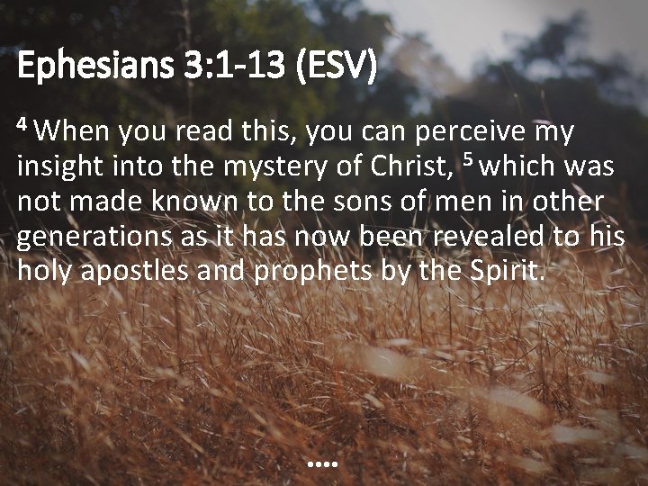 Ephesians 3: 1 -13 (ESV) 4 When you read this, you can perceive my