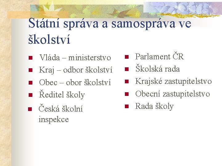 Státní správa a samospráva ve školství n n n Vláda – ministerstvo Kraj –