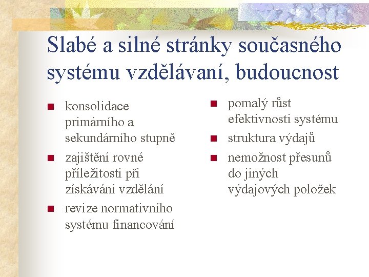 Slabé a silné stránky současného systému vzdělávaní, budoucnost n n n konsolidace primárního a