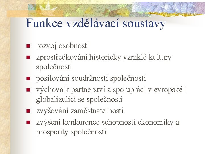 Funkce vzdělávací soustavy n n n rozvoj osobnosti zprostředkování historicky vzniklé kultury společnosti posilování