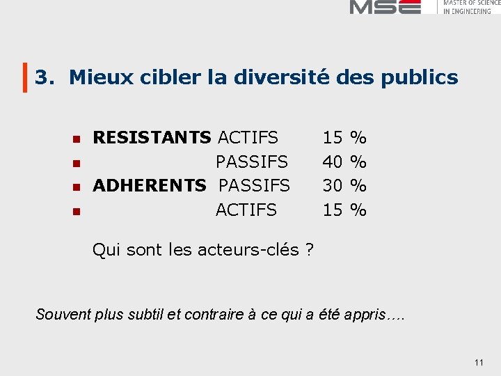 3. Mieux cibler la diversité des publics n n RESISTANTS ACTIFS PASSIFS ADHERENTS PASSIFS