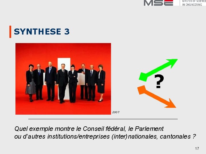 SYNTHESE 3 ? 2007 Quel exemple montre le Conseil fédéral, le Parlement ou d’autres