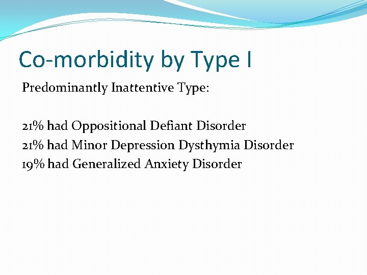 Co-morbidity by Type I Predominantly Inattentive Type: 21% had Oppositional Defiant Disorder 21% had