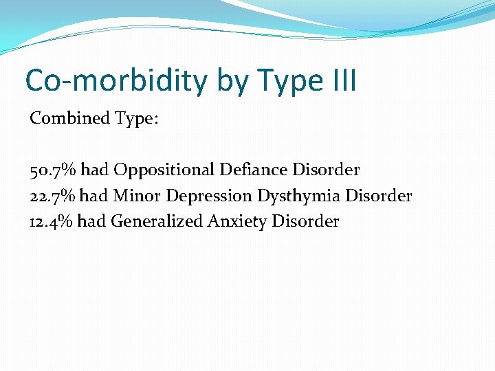 Co-morbidity by Type III Combined Type: 50. 7% had Oppositional Defiance Disorder 22. 7%