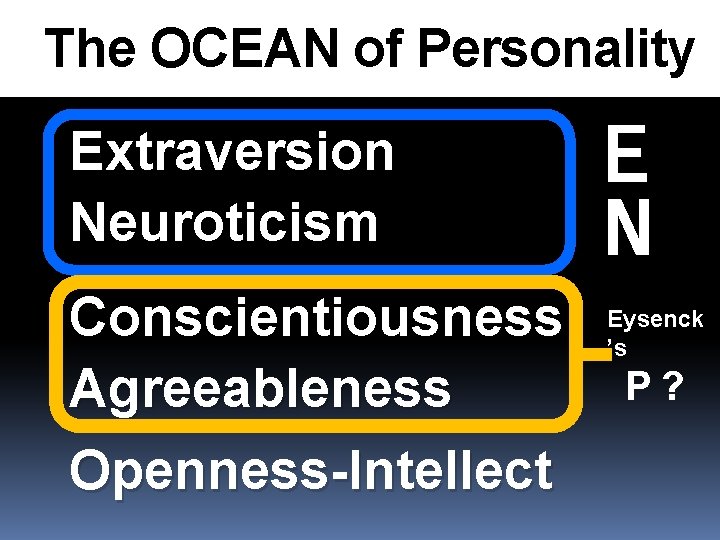 The OCEAN of Personality Extraversion Neuroticism Conscientiousness Agreeableness Openness-Intellect E N Eysenck ’s P?