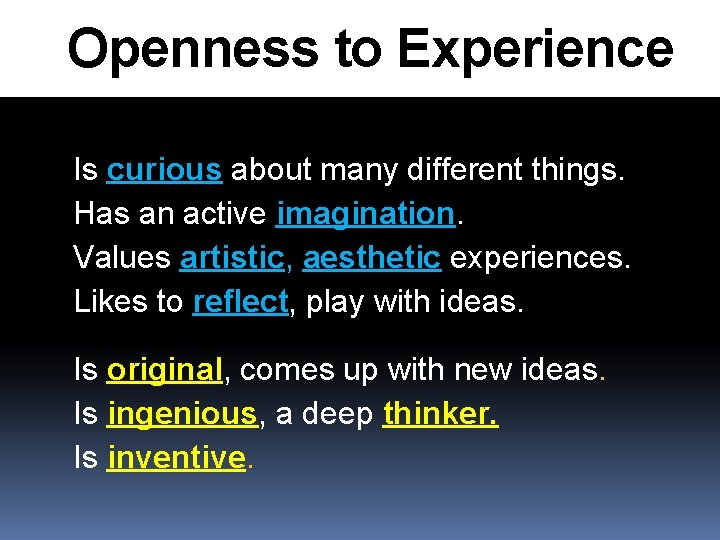 Openness to Experience Is curious about many different things. Has an active imagination. Values