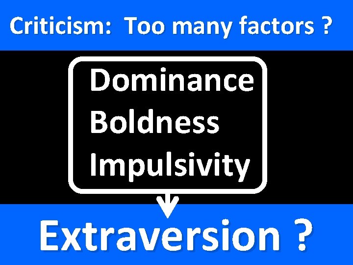 Criticism: Too many factors ? Dominance Boldness Impulsivity Extraversion ? 