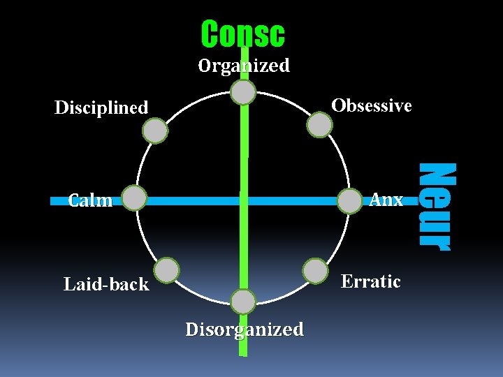 Consc Organized Obsessive Disciplined Erratic Laid-back Disorganized Neur Anx Calm 