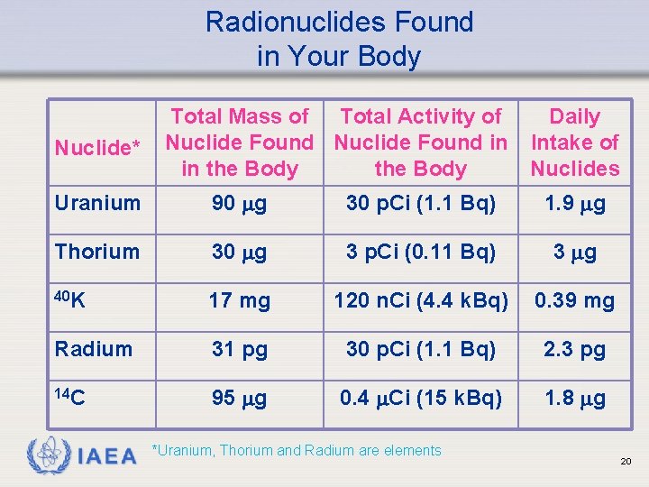 Radionuclides Found in Your Body Nuclide* Total Mass of Total Activity of Daily Nuclide