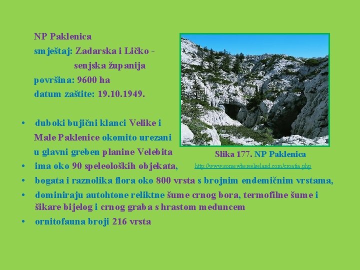  NP Paklenica smještaj: Zadarska i Ličko senjska županija površina: 9600 ha datum zaštite: