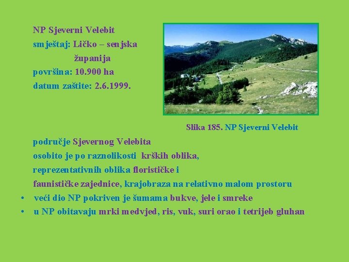  NP Sjeverni Velebit smještaj: Ličko – senjska županija površina: 10. 900 ha datum