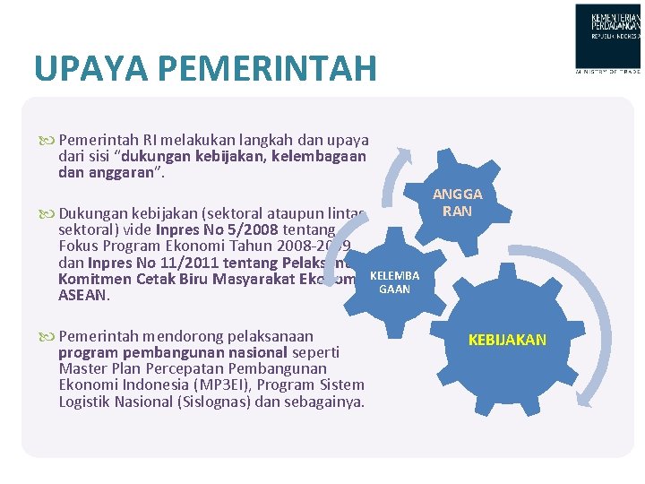 UPAYA PEMERINTAH Pemerintah RI melakukan langkah dan upaya dari sisi “dukungan kebijakan, kelembagaan dan