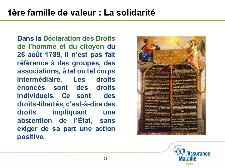 1ère famille de valeur : La solidarité Dans la Déclaration des Droits de l’homme