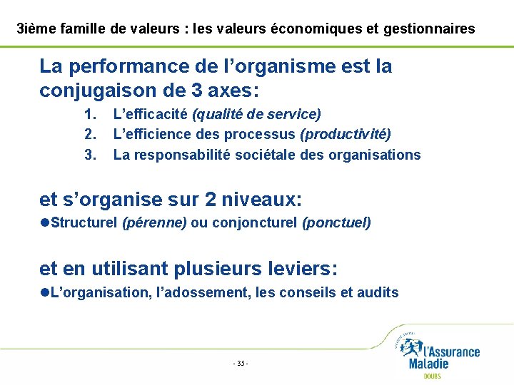 3 ième famille de valeurs : les valeurs économiques et gestionnaires La performance de