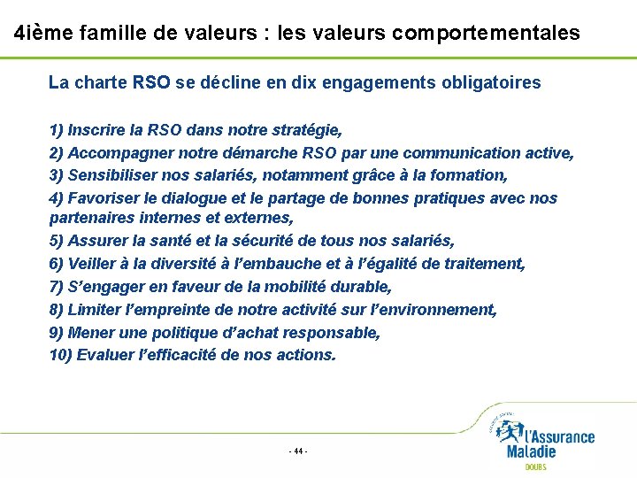 4 ième famille de valeurs : les valeurs comportementales La charte RSO se décline