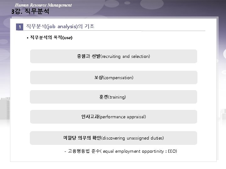 Human Resource Management 3강. 직무분석 1 직무분석(job analysis)의 기초 • 직무분석의 목적(use) 충원과 선발(recruiting