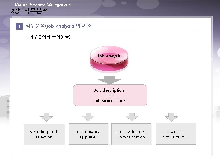 Human Resource Management 3강. 직무분석 1 직무분석(job analysis)의 기초 • 직무분석의 목적(use) Job anaysis