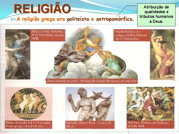 RELIGIÃO A religião grega era politeísta e antropomórfica. Atribuição de qualidades e tributos humanos RELIGIÃO A religião grega era politeísta e antropomórfica. Atribuição de qualidades e tributos humanos
