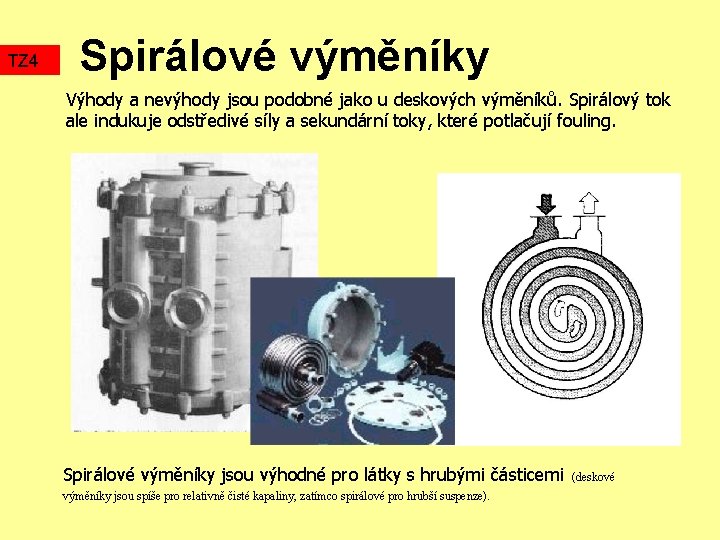 TZ 4 Spirálové výměníky Výhody a nevýhody jsou podobné jako u deskových výměníků. Spirálový