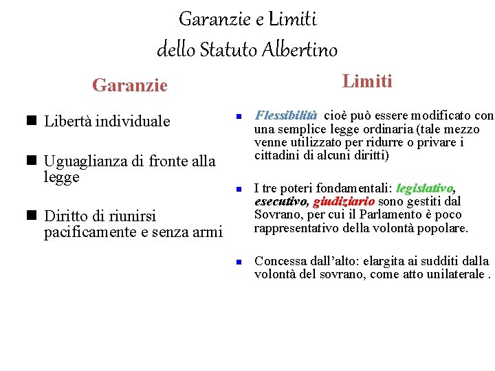 Garanzie e Limiti dello Statuto Albertino Limiti Garanzie n Libertà individuale n Uguaglianza di Garanzie e Limiti dello Statuto Albertino Limiti Garanzie n Libertà individuale n Uguaglianza di