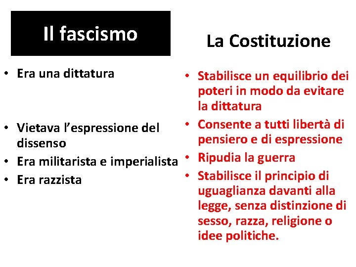 Il fascismo • Era una dittatura La Costituzione • Stabilisce un equilibrio dei poteri Il fascismo • Era una dittatura La Costituzione • Stabilisce un equilibrio dei poteri