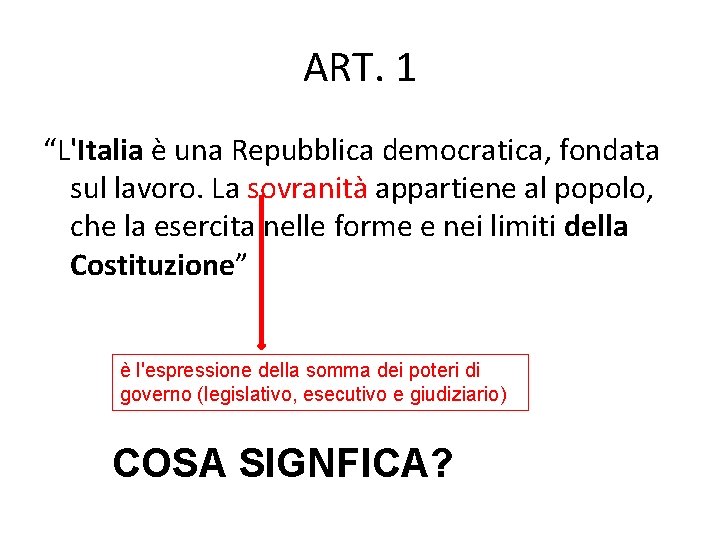 ART. 1 “L'Italia è una Repubblica democratica, fondata sul lavoro. La sovranità appartiene al ART. 1 “L'Italia è una Repubblica democratica, fondata sul lavoro. La sovranità appartiene al