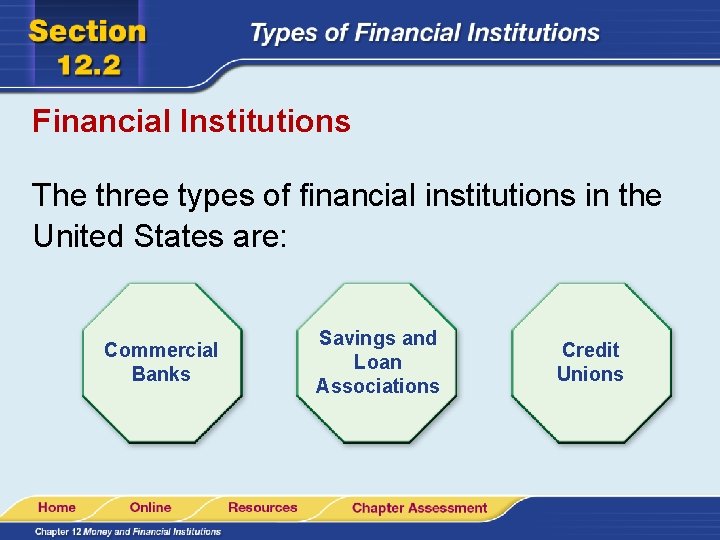 Financial Institutions The three types of financial institutions in the United States are: Commercial