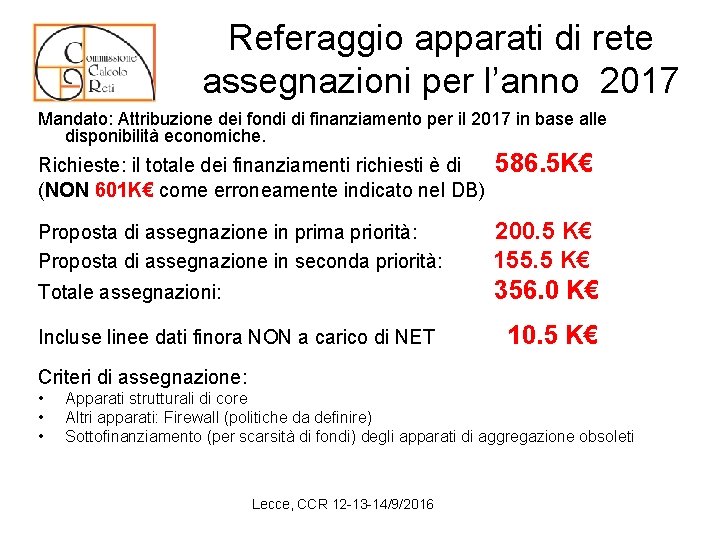 Referaggio apparati di rete assegnazioni per l’anno 2017 Mandato: Attribuzione dei fondi di finanziamento