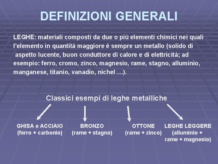 DEFINIZIONI GENERALI LEGHE: materiali composti da due o più elementi chimici nei quali l’elemento